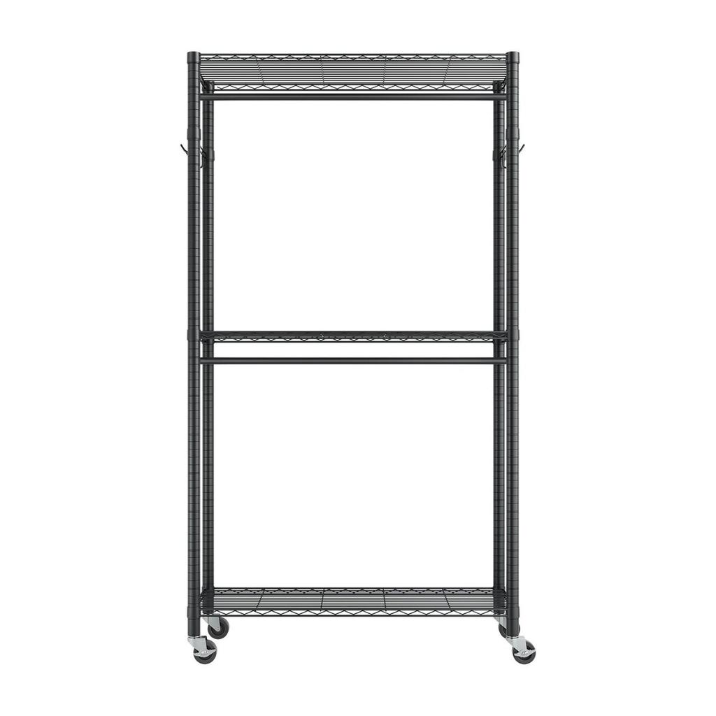 Rolling Clothes Rack, Heavy Duty Clothing Garment Rack, 3 Adjustable Tiers Clothing Racks with Carbon Steel, 204 kg Load Capacity Closet Wardrobe for