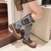 Mid Calf Denim Boots Women  Autumn Retro Chunky Platform Long Boots Woman Slip On Thick Heels Cargo Boots Pocket Decor