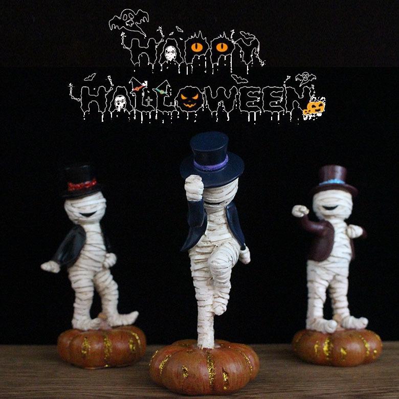 3pcs Mummy Dancing On The Pumpkin Halloween Resin Decorations Mummy Statues Party Holiday Decorations Figurines Gift