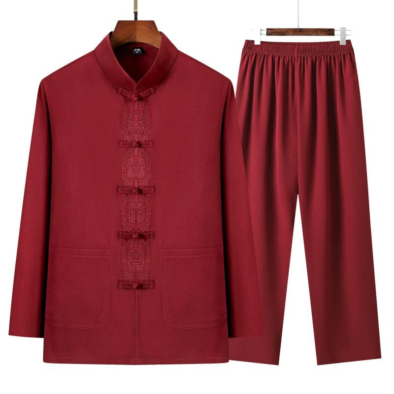 Men's Spring and Autumn Long-sleeved Tang Suit Middle-aged and Elderly Men's Jacket Dad Suit Grandpa Spring Jacket + Elastic Waist Pants Suit