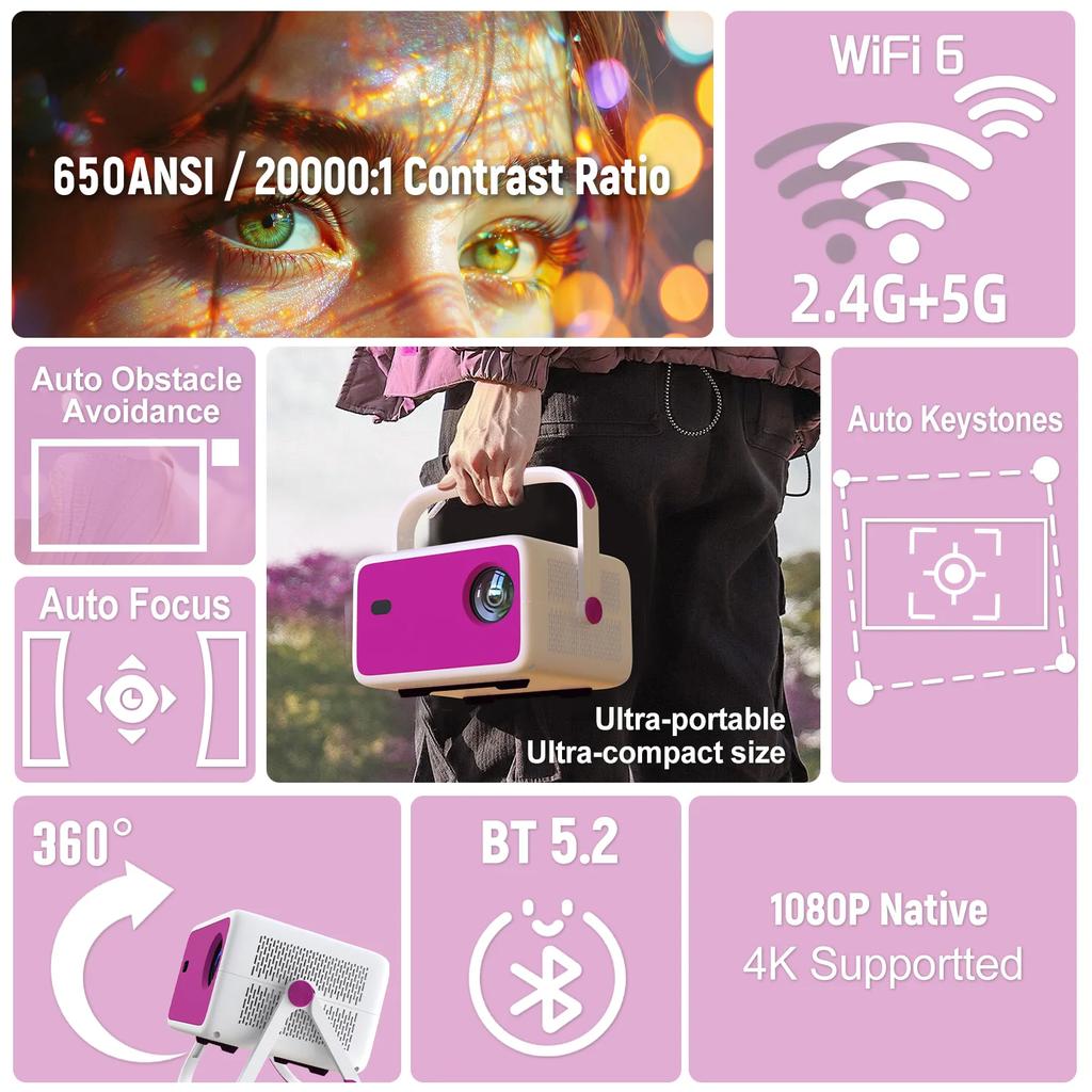 Проектор Velec 4K HD 650 ANSI 1080P с автофокусом Android 11 H713 Wifi6 BT5.2 Портативный наружный видеопроекторы для умного домашнего кинотеатра