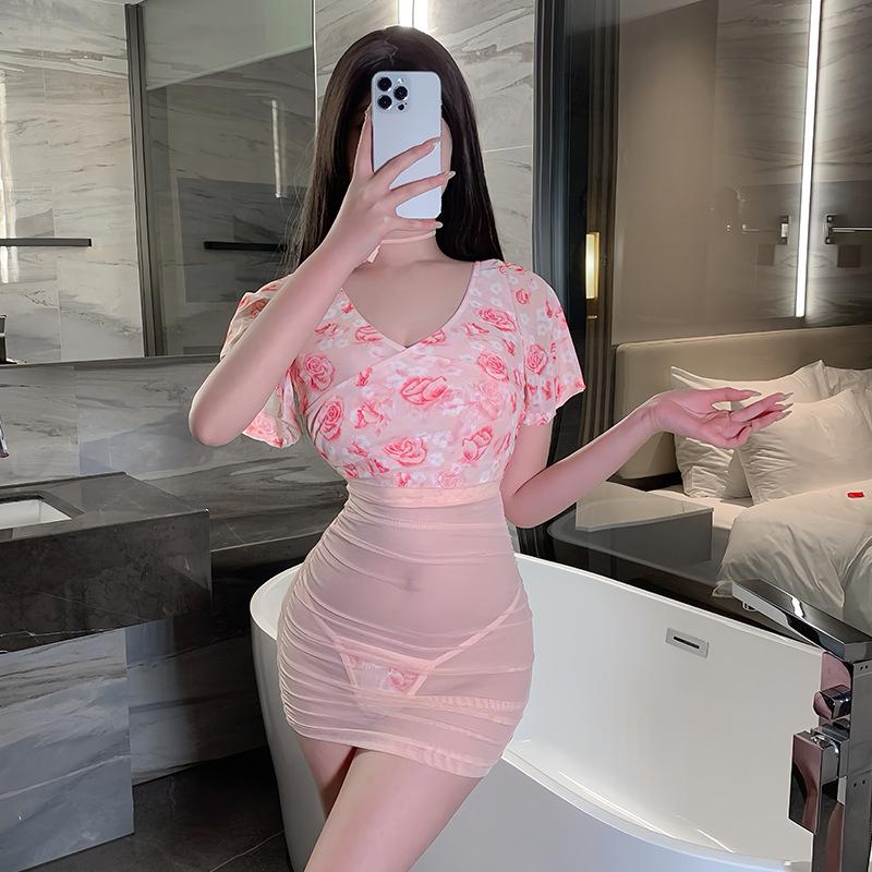 Sex underwear sexy perspective deep V floral rose gauze high waist hip skirt uniform suit