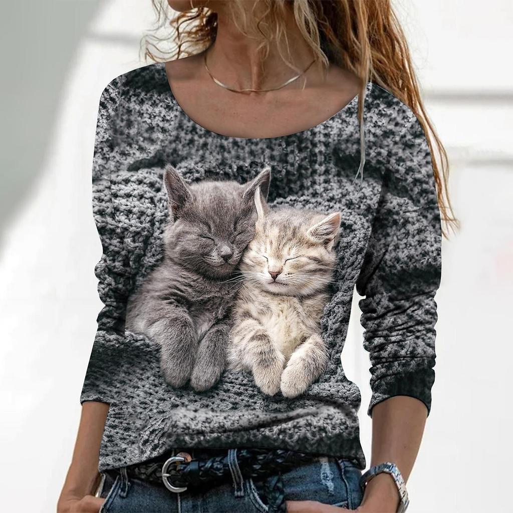 Autumn Women's T-shirt Funny Kitten Graphic Print  Female Clothing Cat Tops Street Casual Round Neck Long Sleeve T-shirt