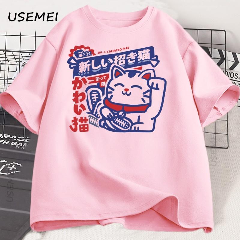 Каваи Аниме Футболка с Принтом Кота Японский Стиль Хлопковая Футболка Мягкая Дышащая Круглый Вырез Короткий Рукав Футболка Унисекс Уличная Одежда