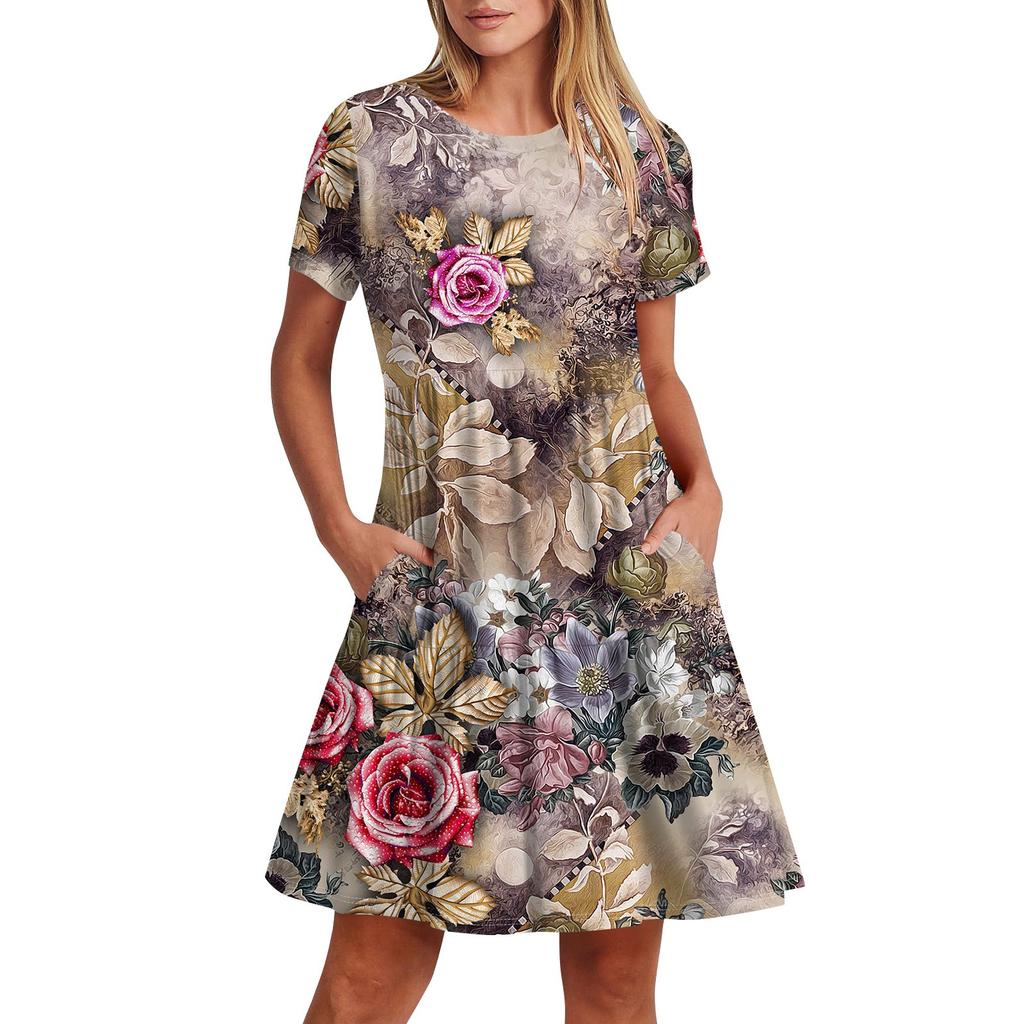Женское повседневное модное платье-миди с круглым вырезом и коротким рукавом с принтом и карманом