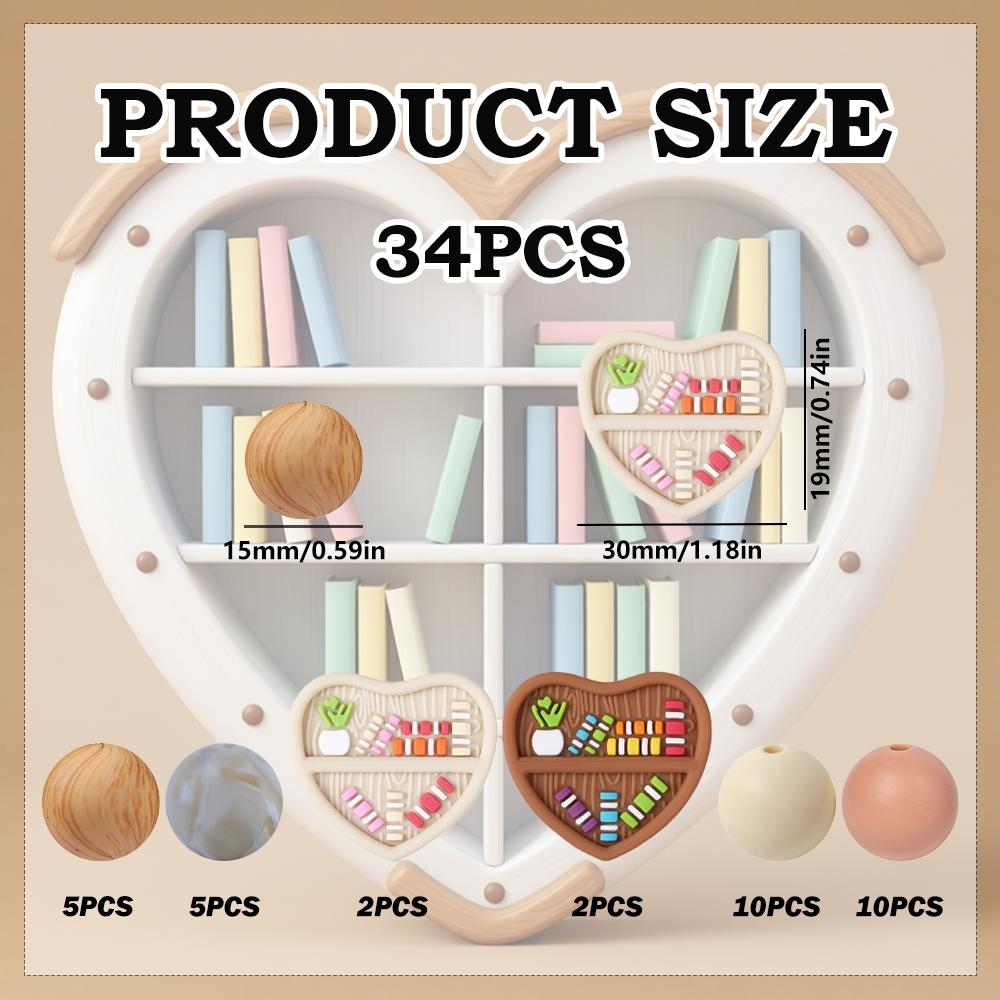 34Pcs Heart-Shaped Bookshelf Silicone Bead Set DIY Beaded Necklace Bracelet Decoration Pen Jewelry Pendant Etc. Holiday Birthday Gift