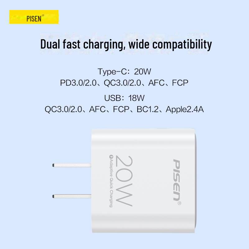 PISEN 20W Мини-зарядное устройство с двумя портами A+C - Быстрая зарядка для Apple и Huawei