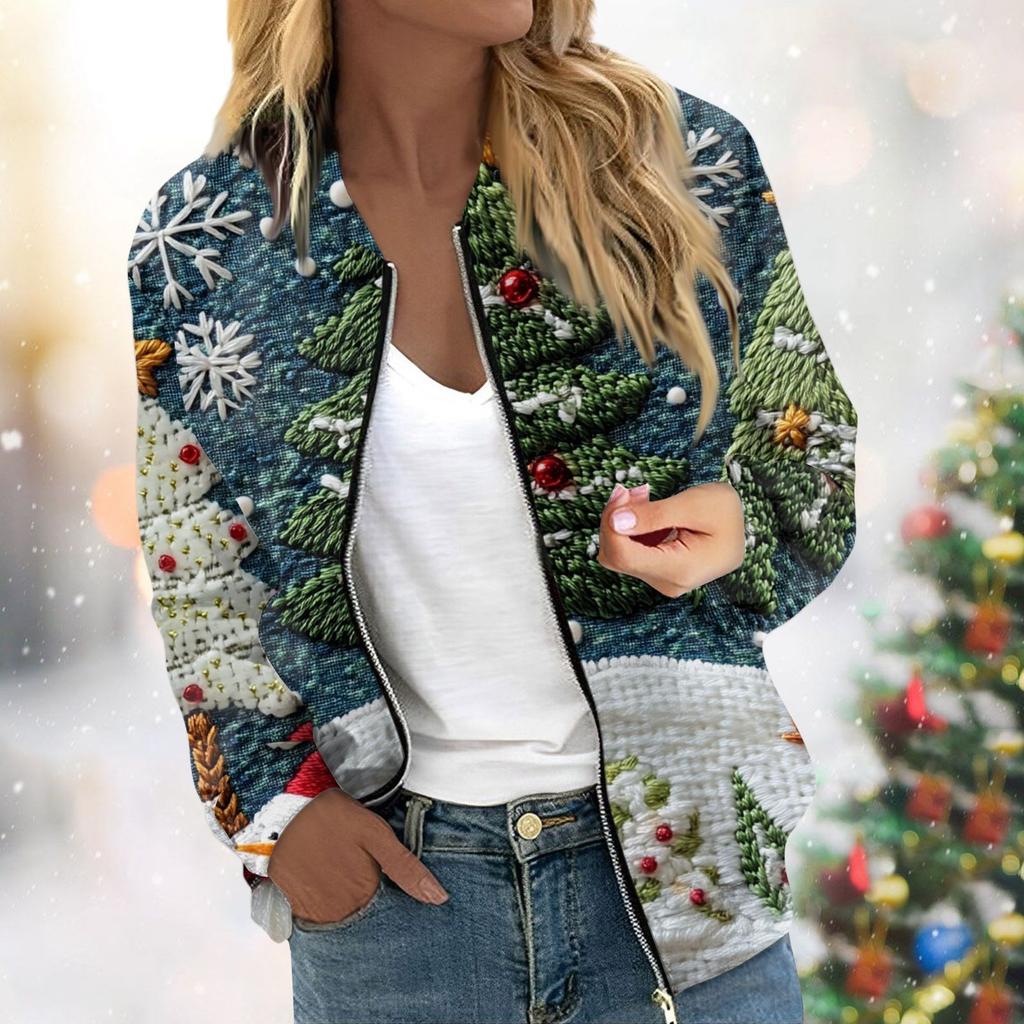 Женская легкая короткая куртка с длинными рукавами на молнии с принтом, повседневная стеганая куртка с карманами, рождественская