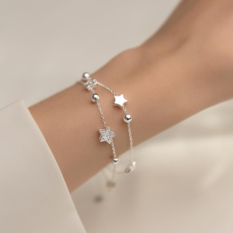 VENTFILLE 925 Sterling Silver Star Bracelet Fashion Korean Five-pointed Star Crystal Double Bracelet