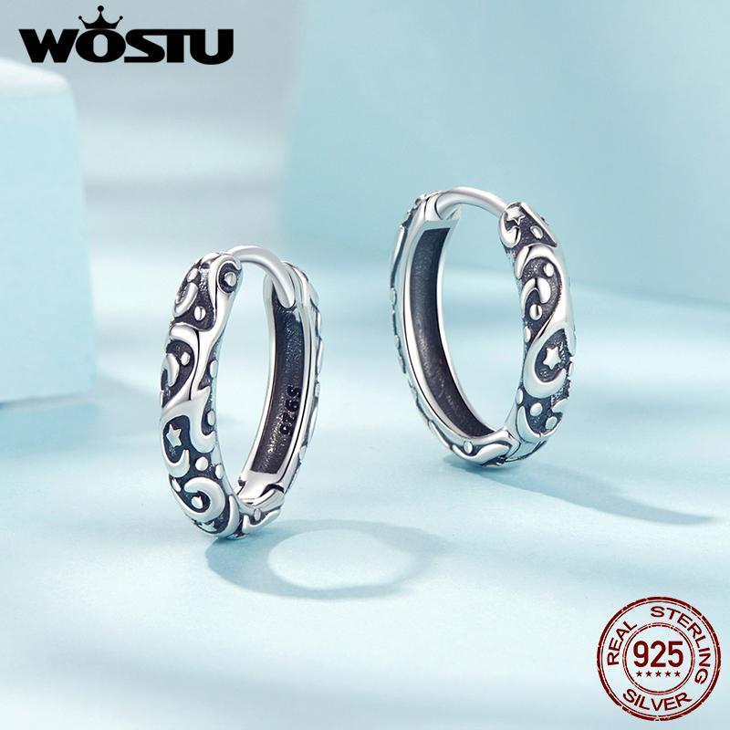 WOSTU 925 Sterling Silver Vintage Pattern Hoop Earrings Women Classicial Round Wedding Party Earring Pendientes Anniversary Gift