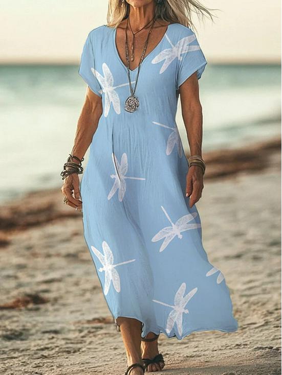 Bohemian Retro Print Raglan Sleeve Summer Maxi Dress