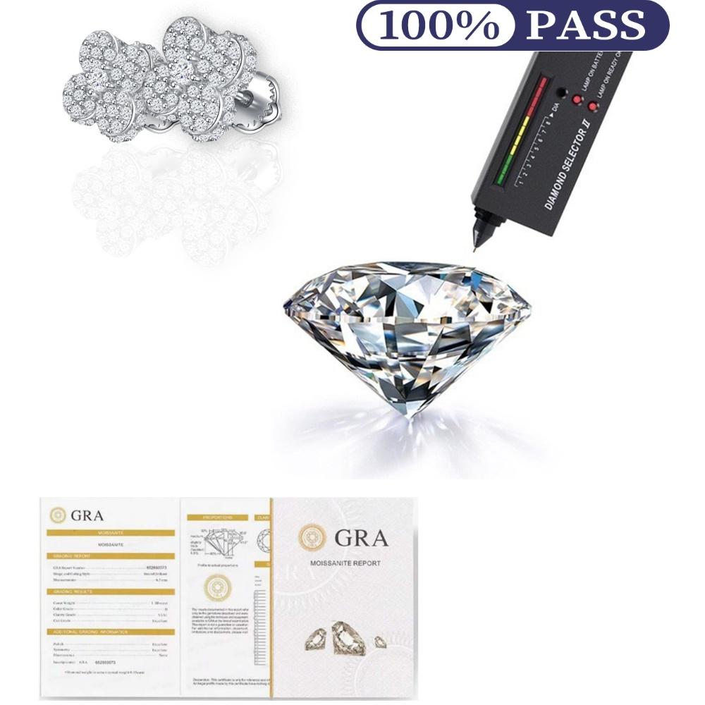 Серьги-гвоздики с цветком из муассанита и четырехлистным клевером из стерлингового серебра 925 пробы