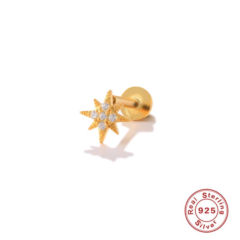 Серьги-пусеты из стерлингового серебра 925 пробы с цветком, луной и бриллиантами, с плоской головкой, внутренней резьбой и глянцевым пирсингом хряща