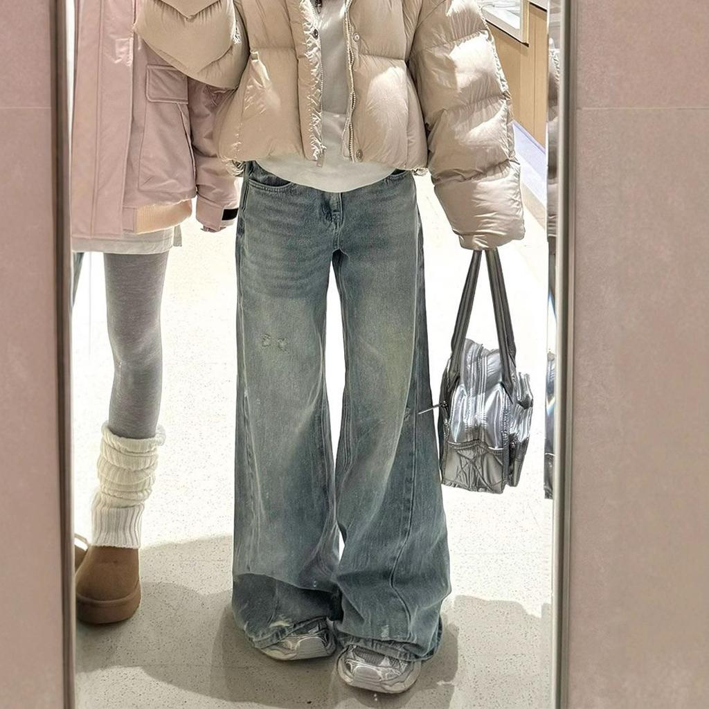 Фигура-груша Толстые ноги Широкая промежность Брюки Женские Рваные джинсы Свободные Большой размер Прямые Микро-клеш Широкие брюки Длинные джинсовые брюки