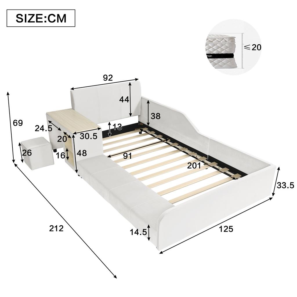 Upholstered Bed, Single Bed with Children's Desk and Stool, With Shelf, Soft Headboard, Children's Bed with Wooden Slats, Velvet, White, 90x200cm