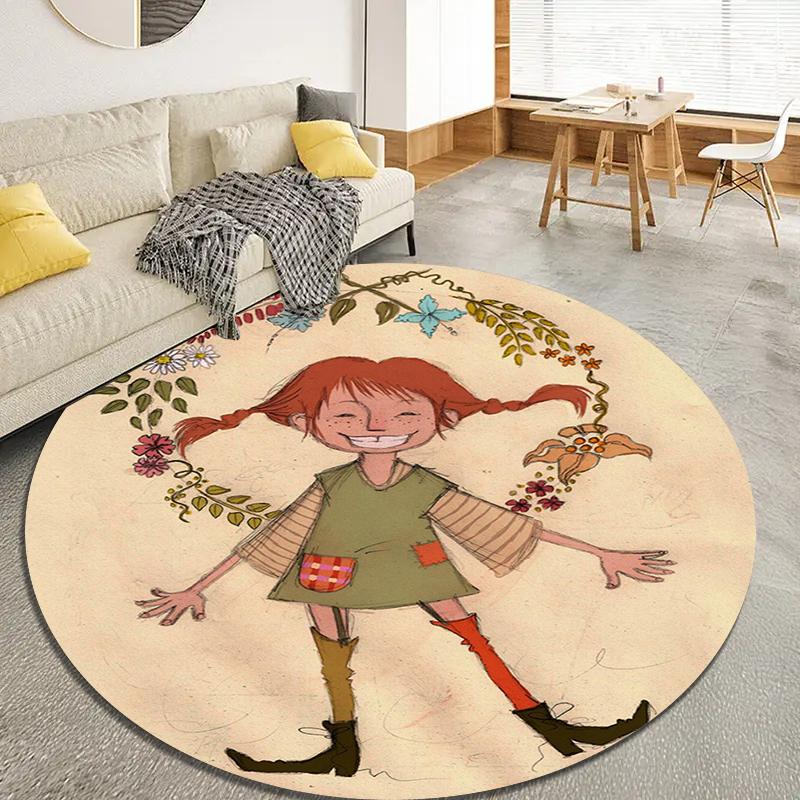 Круглый ковер с изображением мультфильма Пеппи Длинныйчулок, Ковер для гостиной, спальни, дивана, игровой комнаты, Нескользящий коврик Q0030