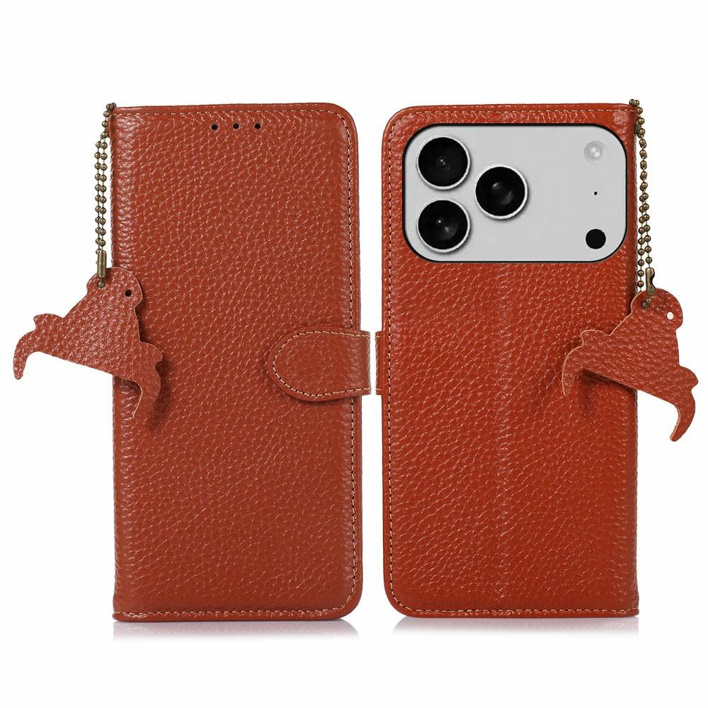 For iPhone 17 Pro Case RFID Blocking Genuine Cow Leather Phone Cover Litchi Texture