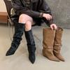 Vintage Black Pointed Folds Spice Girls High Heel Boots Women's Wedge Heel But Knee Straight Boots High Pants Boots