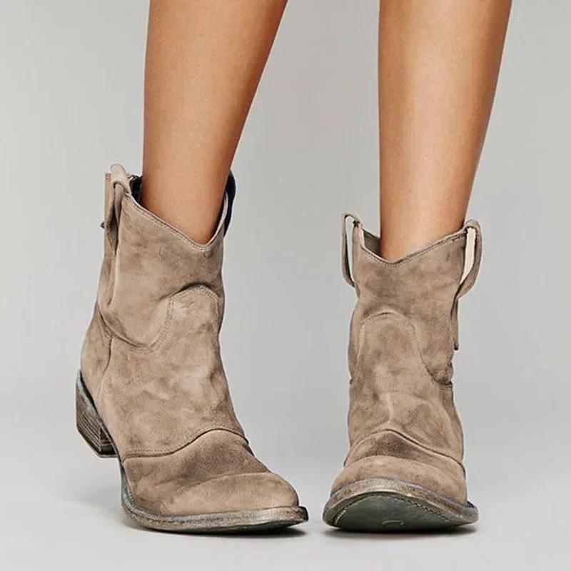 Vintage Cowboy Ankle Boots for Women Pointed Toe Low Heels Western Botas Autumn Winter Slip On PU Leather Booties