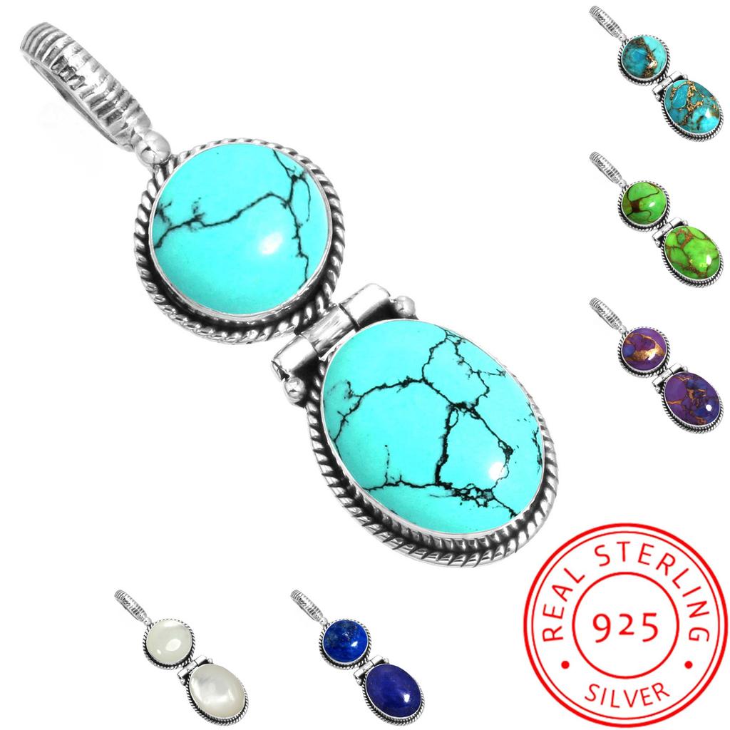 925 Sterling Silver Pendant Women Gemstone Handmade Jewelry Friendship Day Gift Blue Green Purple Copper Turquoise Pearl Lapis Mother Of Pearl