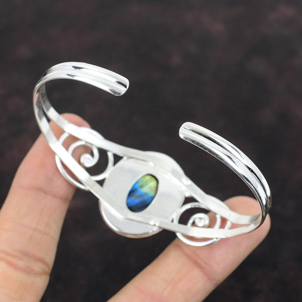 Labradorite Bangle Top Quality Gemstone Jewelry 925 Sterling Silver Cuff Bracelet Adjustable Bangle Handmade Stylish Jewelry Gift For Mother
