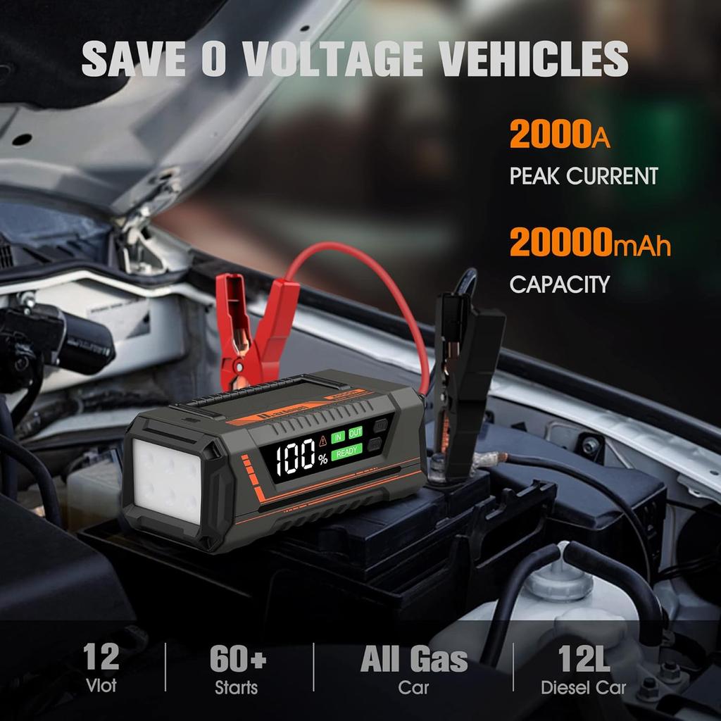 Автомобильный пусковой аппарат 2000А 20000мАч 12В Портативный бустер с USB QC 3.0, Type C, светодиодной подсветкой