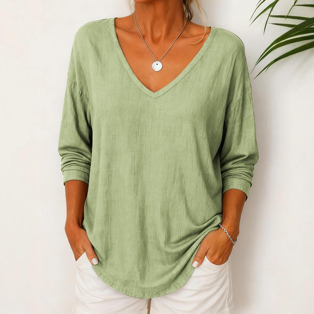 Women's Fashionable Solid Color V-neck Loose Casual Long Sleeved Pullover T-shirt Top