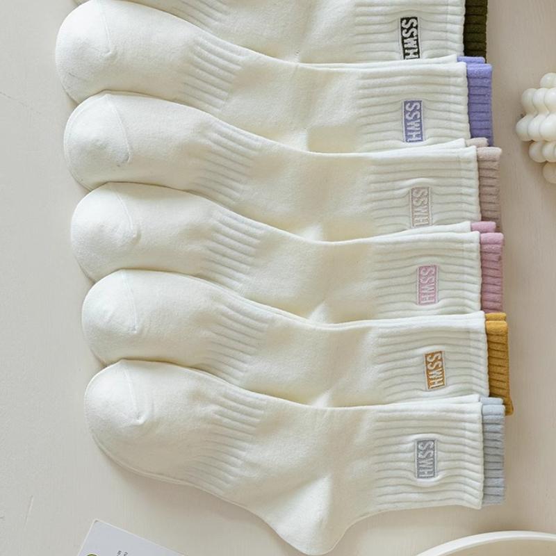 5 пар женских хлопковых носков средней длины, бесшовные, дышащие, однотонные, повседневные