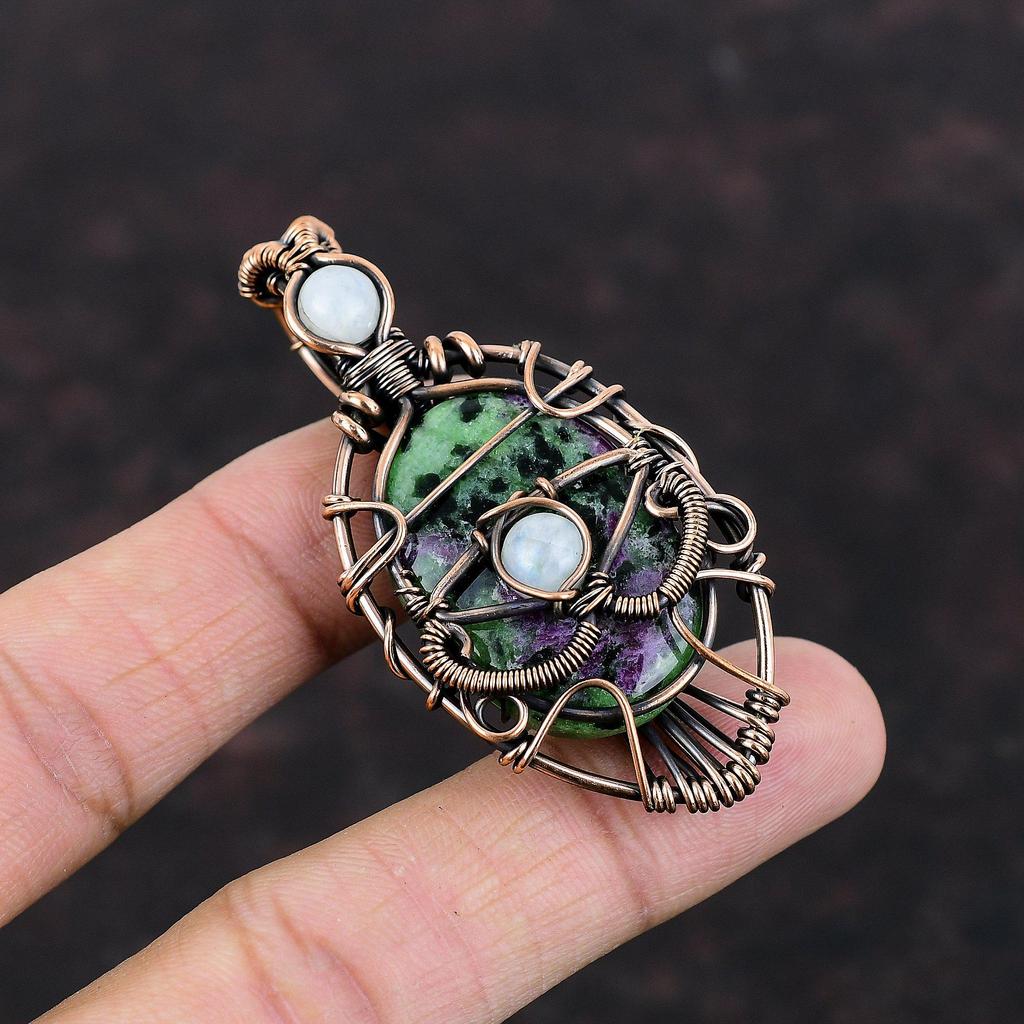 Подвеска с рубином и цоизитом от сглаза, медная проволочная обертка, радужный лунный камень, драгоценный камень, кулон ручной работы, медные украшения, подарок для женщин