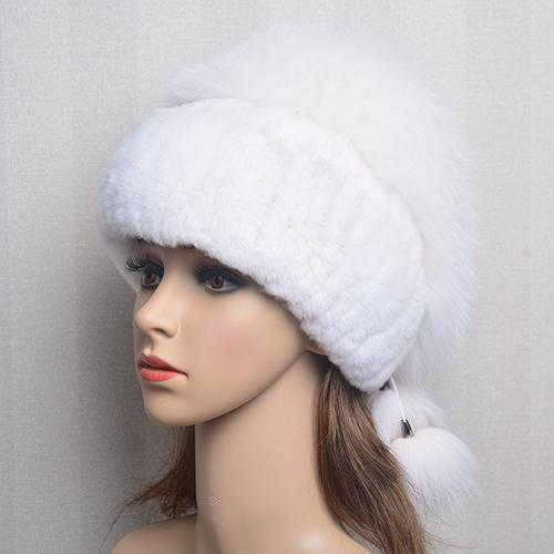 New Lady Winter Warm Natural Rex Rabbit Fur Hat Women Elastic Soft Handmade Knitted Real Fur Cap Fox Fur Beanies Hats