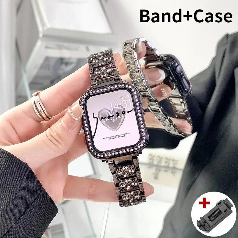 Чехол с бриллиантами + ремешок для Apple Watch Series 8, 7, 41 мм, ультра, 49 мм, 45 мм, ремешок из нержавеющей стали для iwatch 9 se 6, 5, 4, 3, 40 мм, 44 мм, 38 мм, 42 мм, металлический ремешок для часов