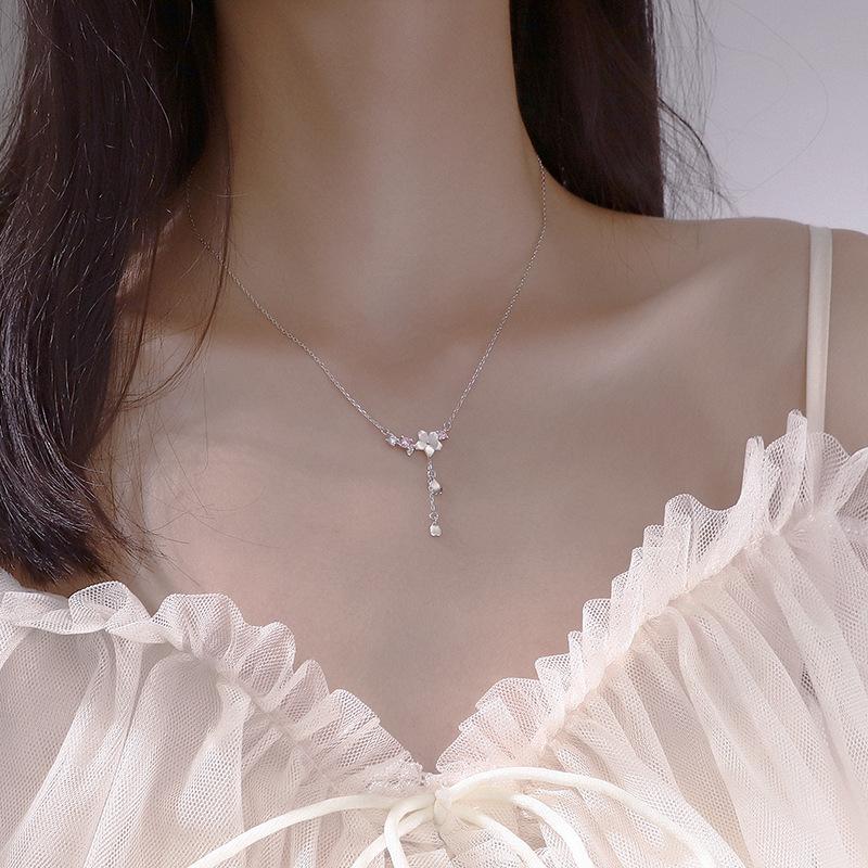 Real 925 Sterling Silver Cherry Flower Shell Long Tassel Necklace for Women Sweet Heart Pendant Clavicle Chain Choker Necklace