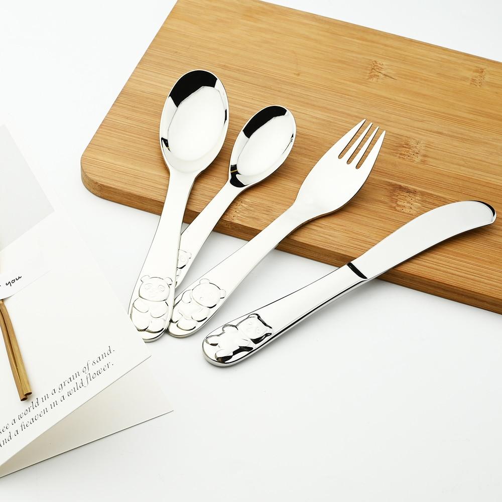 Серебряная посуда с рисунком панды, мультяшный узор 304, набор столовых приборов, столовые приборы, ложка, вилка, нержавеющая сталь, десертная детская посуда