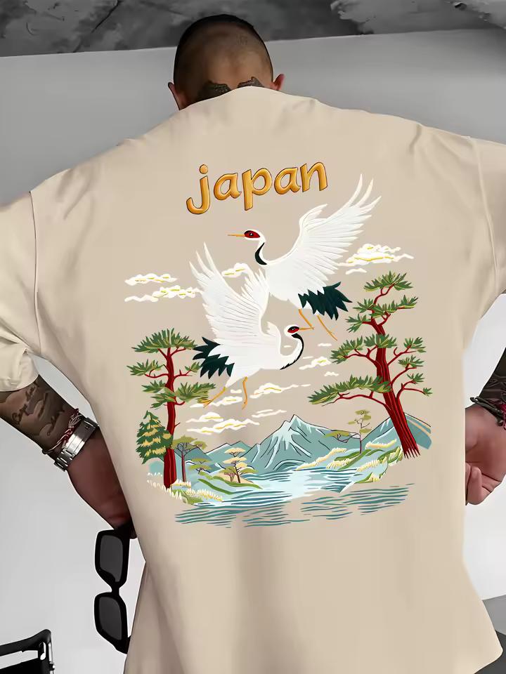 Men's Cotton Japan Style T-Shirt Summer Breathable Fashion Crane & Mount Fuji Print Casual Men's and Women's Streetwear Tee