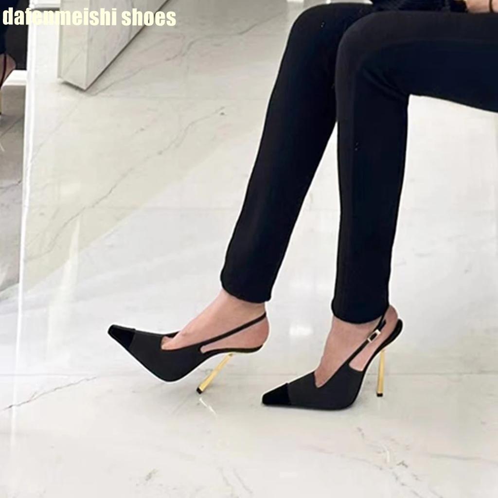 Атласная ткань Квадратный носок Металлический тонкий каблук Женские туфли на высоком каблуке Сандалии-слингбэки с задним ремешком Черный/белый 2025 Новые туфли