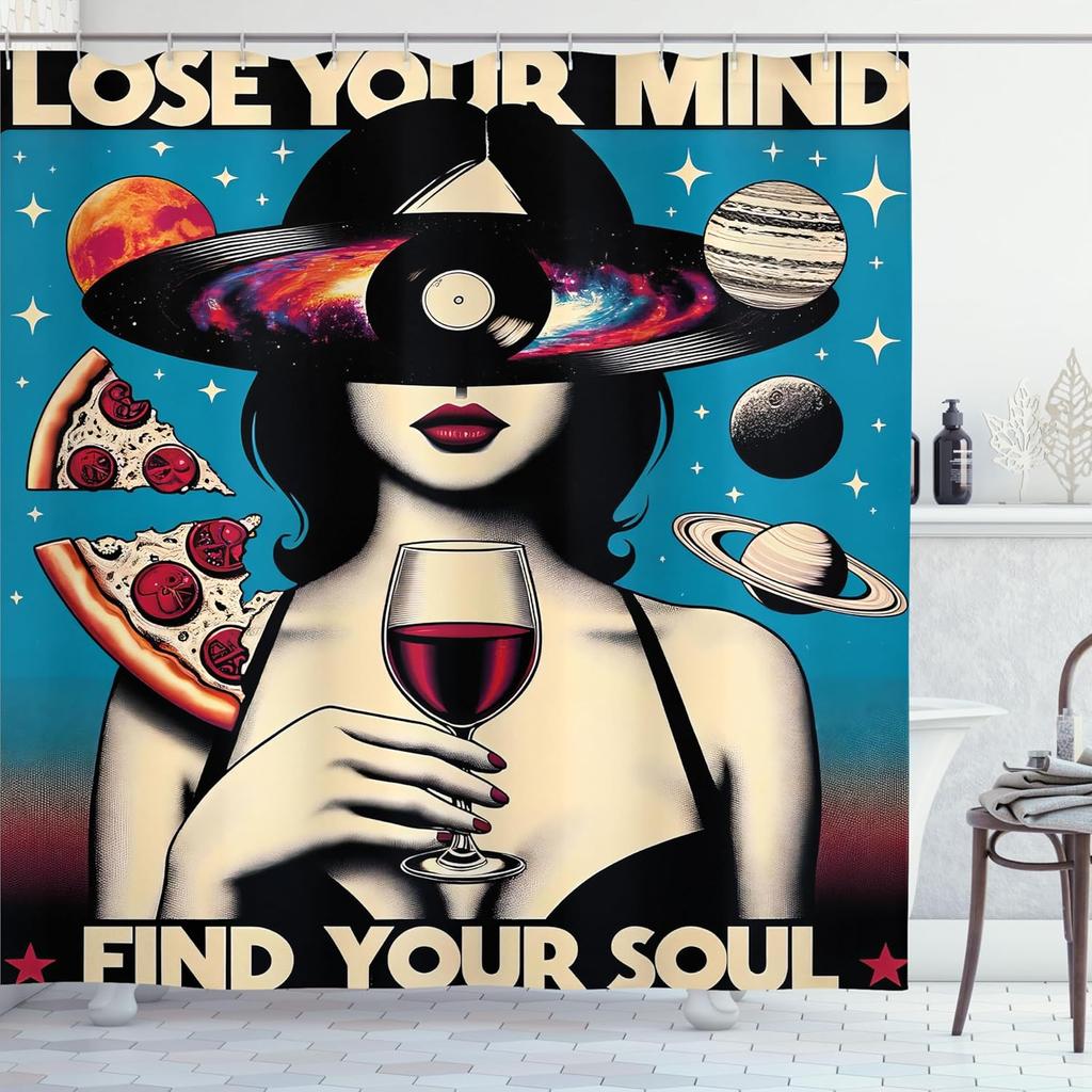 Vintage Shower Curtain, Galaxy Themed Retrospective Lose Your Mind Lettering Woman Vine Mars, Cloth Fabric Bathroom De
