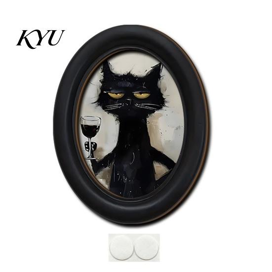 Unique Oval Art Prints Abstract Cat Wall Decor, 2D Wood Framed Funny Painting Modern Decoration Print, Vintage Ornament for Living Room Bedroom