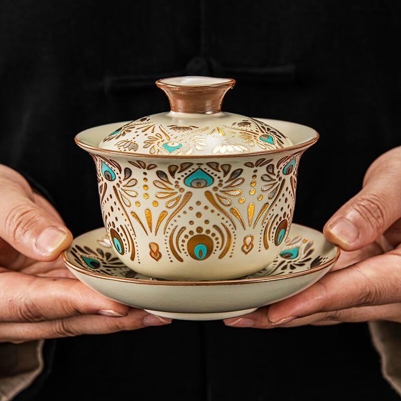 Чайный набор из 3 предметов Ру-кэ (Ру-яо) с крышкой (Гайвань) - Вдохновленный Запретным городом и Дуньхуаном