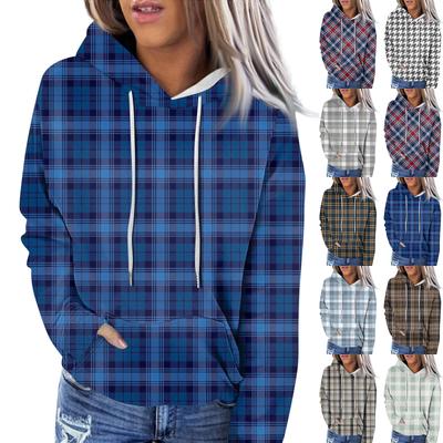 Женская модная повседневная толстовка с капюшоном и длинным рукавом в клетку