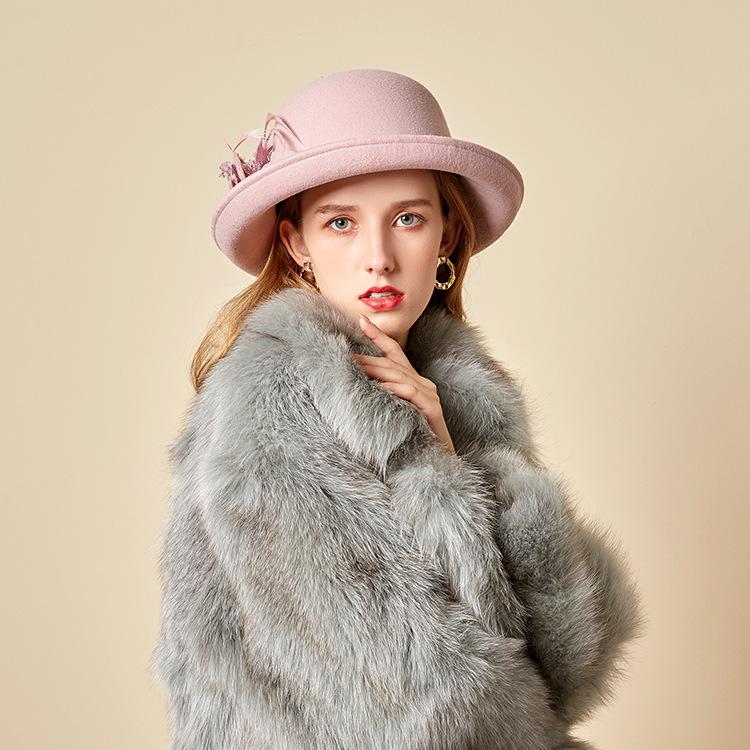 Autumn and winter three-dimensional feather flower woolen hat women's elegant basin hat bucket hat crimped fashion hat