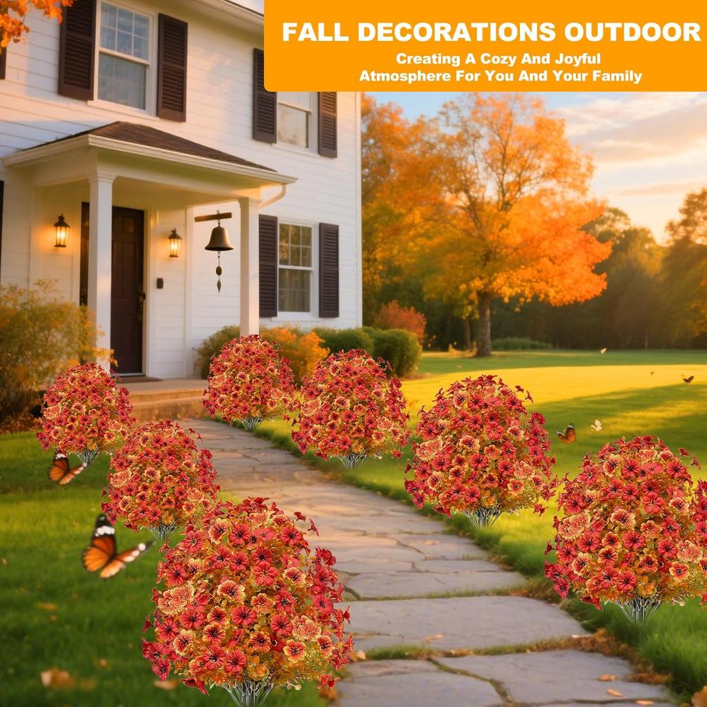 2 Pack Fall Artificial Mums Topiary Ball Tree with Ground Spike Boxwood 25" UV Resistant Fake Greenery Shrub Faux Violet Plant Fall Decorations