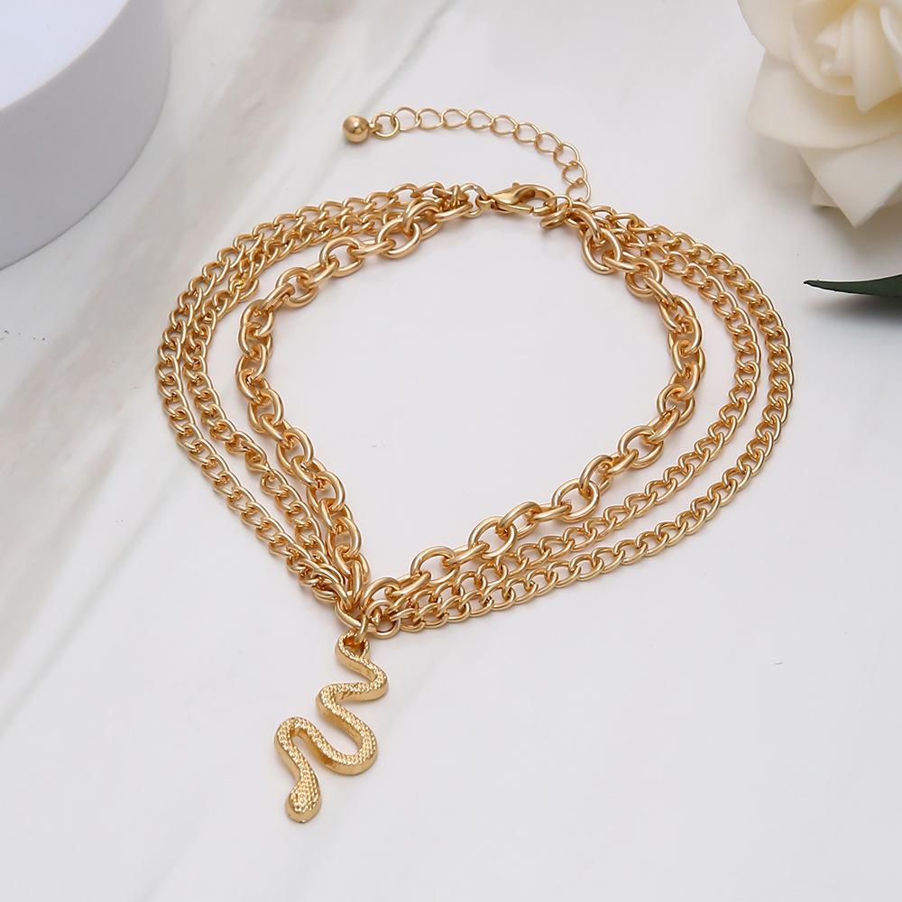 Europe and The United States Cross-border Fashion Jewelry Gold Cross Chain Foot Tassel Snake Pendant Three-tier Anklet Female.