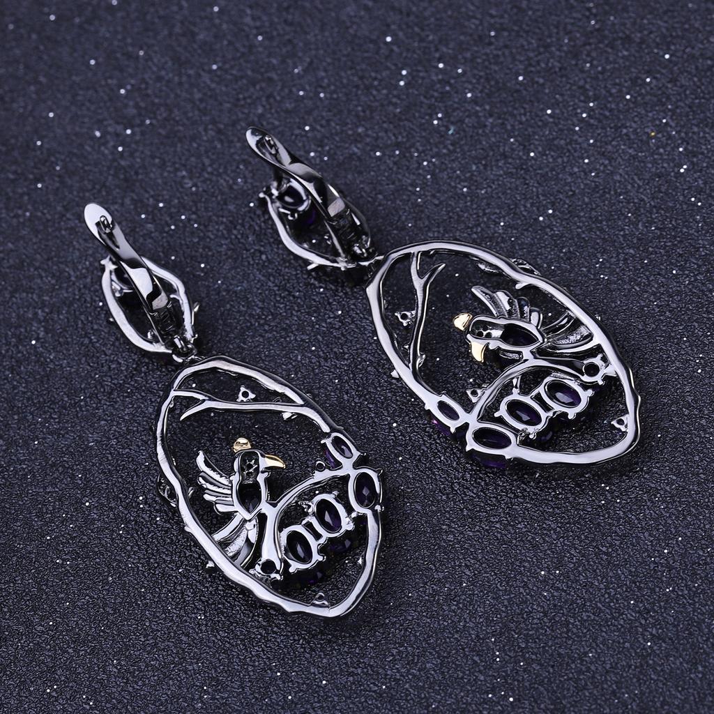 Оригинальные дизайнерские серьги. Серьги «Птицы в кустах» в китайском стиле из серебра 925 пробы с натуральными драгоценными камнями.