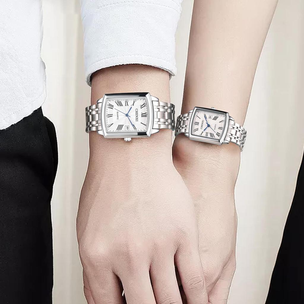 Stainless Steel Calendar Analog 3ATM Waterproof Antique Roman Stylish Pair Watch Square Quartz Watch Silver Fashion Accessories Birthday Anniversary