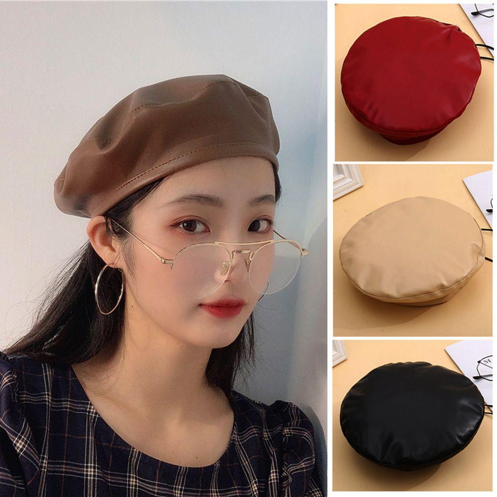 Solid Warm Beanie Female Ladies French Artist Hat Beret Cap Adjustable Hat PU Leather Berets