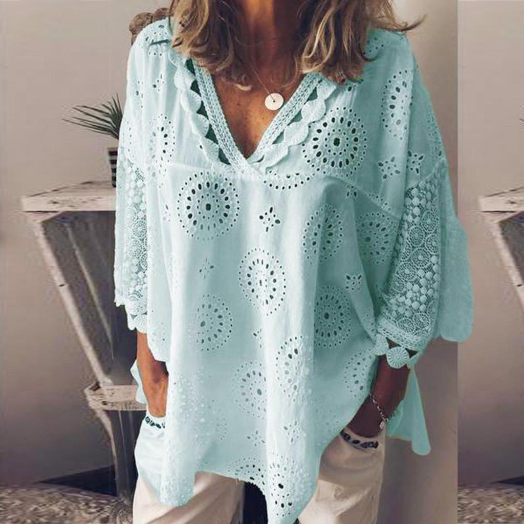 Women Half Sleeve Cotton Linen Hollow Out Lace Patchwork T-Shirt Blouse Tops