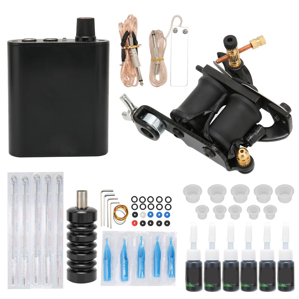 Complete Starter Tattoo Kit Professional Coil Tattoo Machine Power Supply 6 Ink Needles Grips