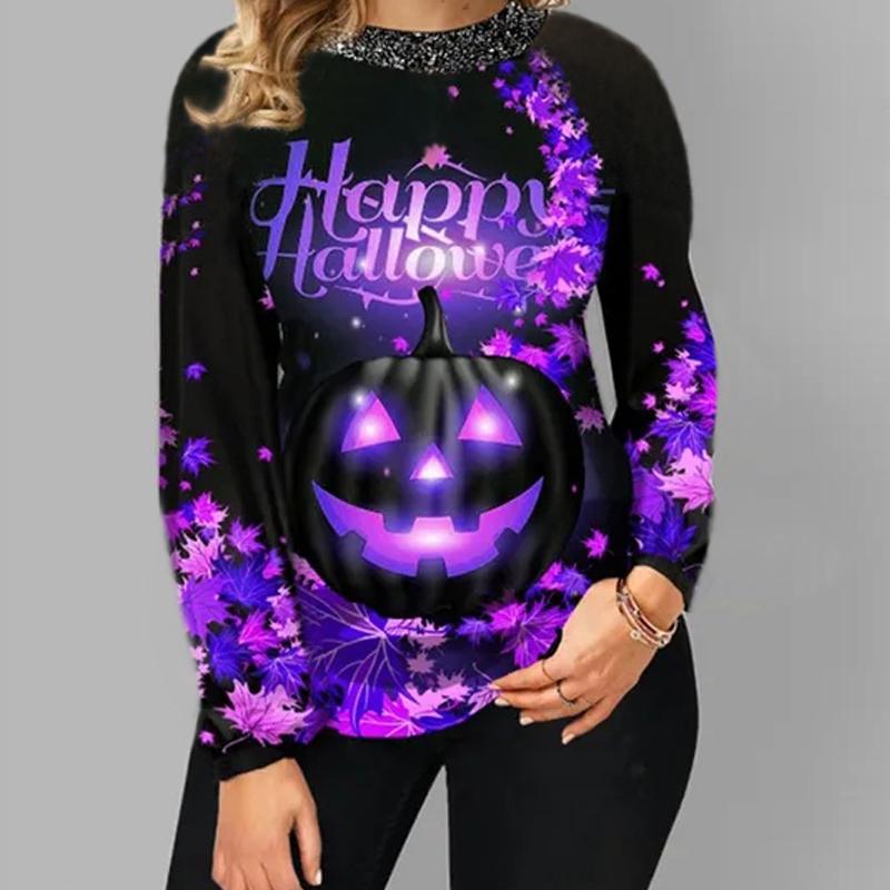 Футболки с 3D принтом и кристаллами тыквы, женские топы, пуловер с длинным рукавом и круглым вырезом, женские футболки, футболка для женщин