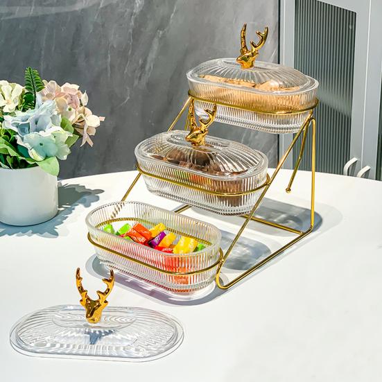 3-Tier Dried Fruit Display Tray with Nut Stand Stylish Elk Lid Sturdy Plastic Iron Frame