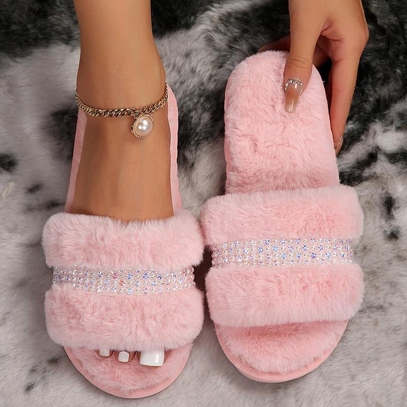 Fashion Fashion Pearl Fluffy Fur Slides for Woman Luxury Rhinestone Decor Indoor Home Slippers Women Open Toe Plush Warm Winter Slippers